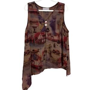 Pretty Angel Graphic Silk Blend Blouse Sleeveless Lagenlook Womens Size Small S